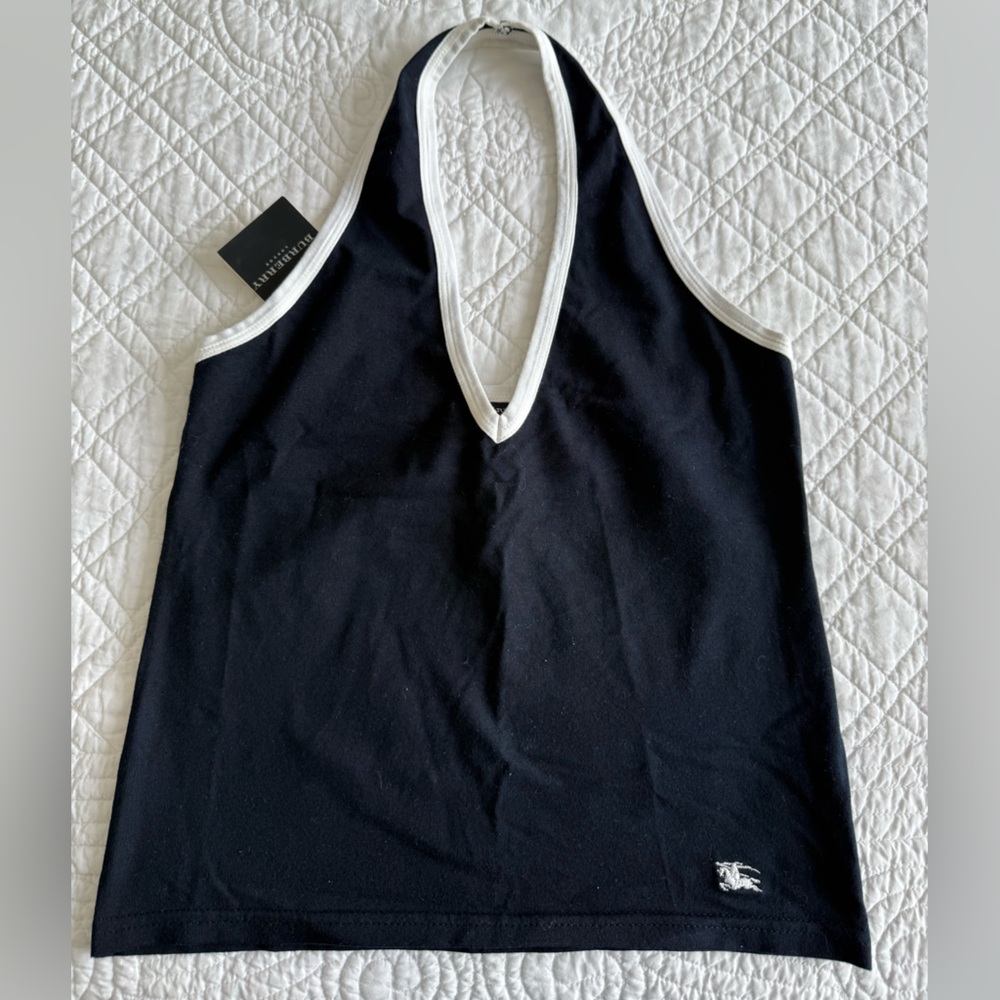 NWT Burberry Navy Blue and White Stretch Cotton Cropped Halter Top